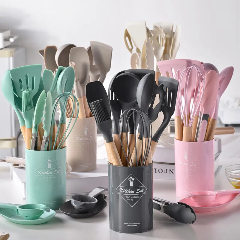 Kit Utensílios Colheres Silicone Madeira 12 Peças