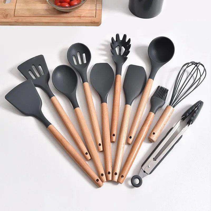 Kit Utensílios Colheres Silicone Madeira 12 Peças