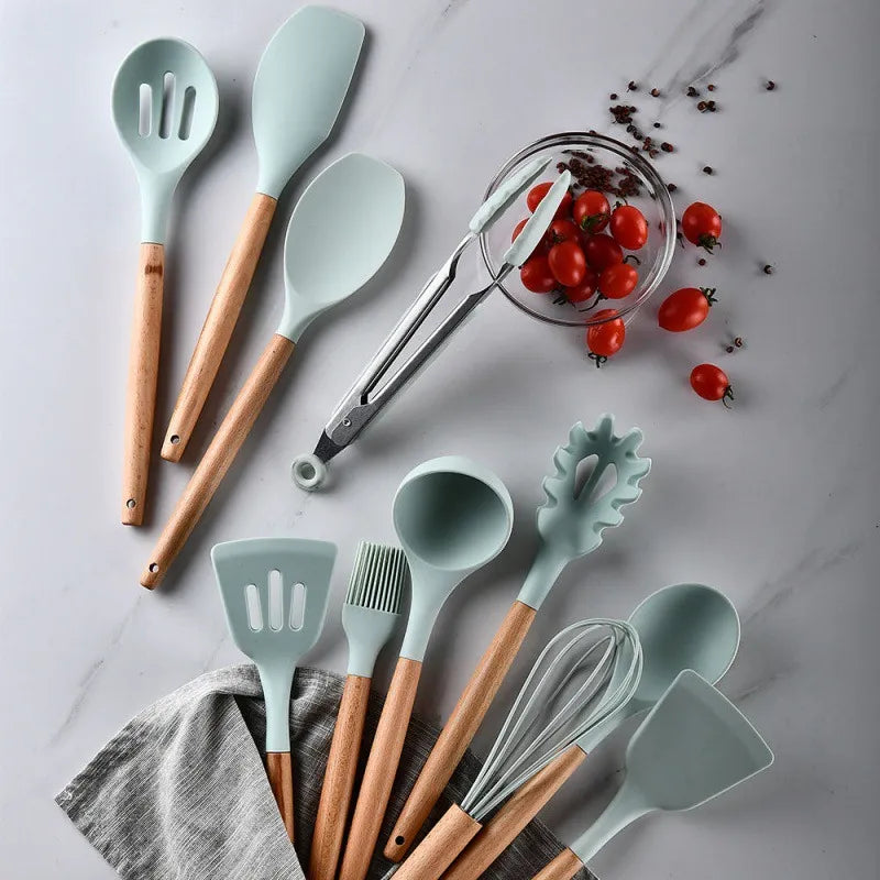 Kit Utensílios Colheres Silicone Madeira 12 Peças