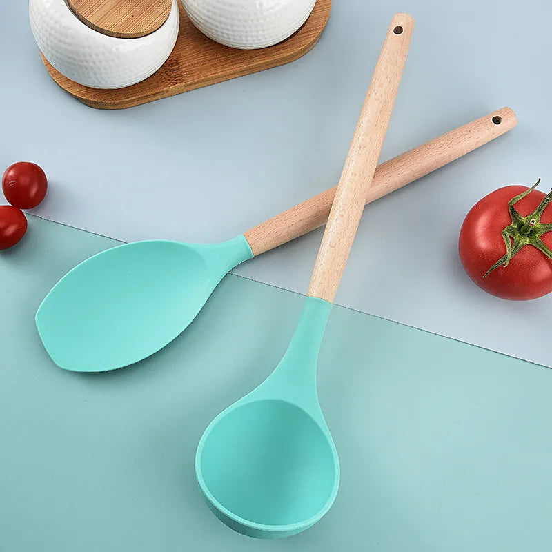 Kit Utensílios Colheres Silicone Madeira 12 Peças